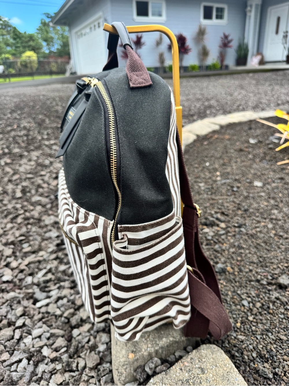 Henri Bendel Brown & White Stripe Backpack Diaper Bag Travel Bag - Picture 3 of 11
